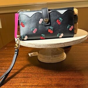 Betsey Johnson Cherries NWTWristlet Wallet  Embroidered Cherries Faux Leather